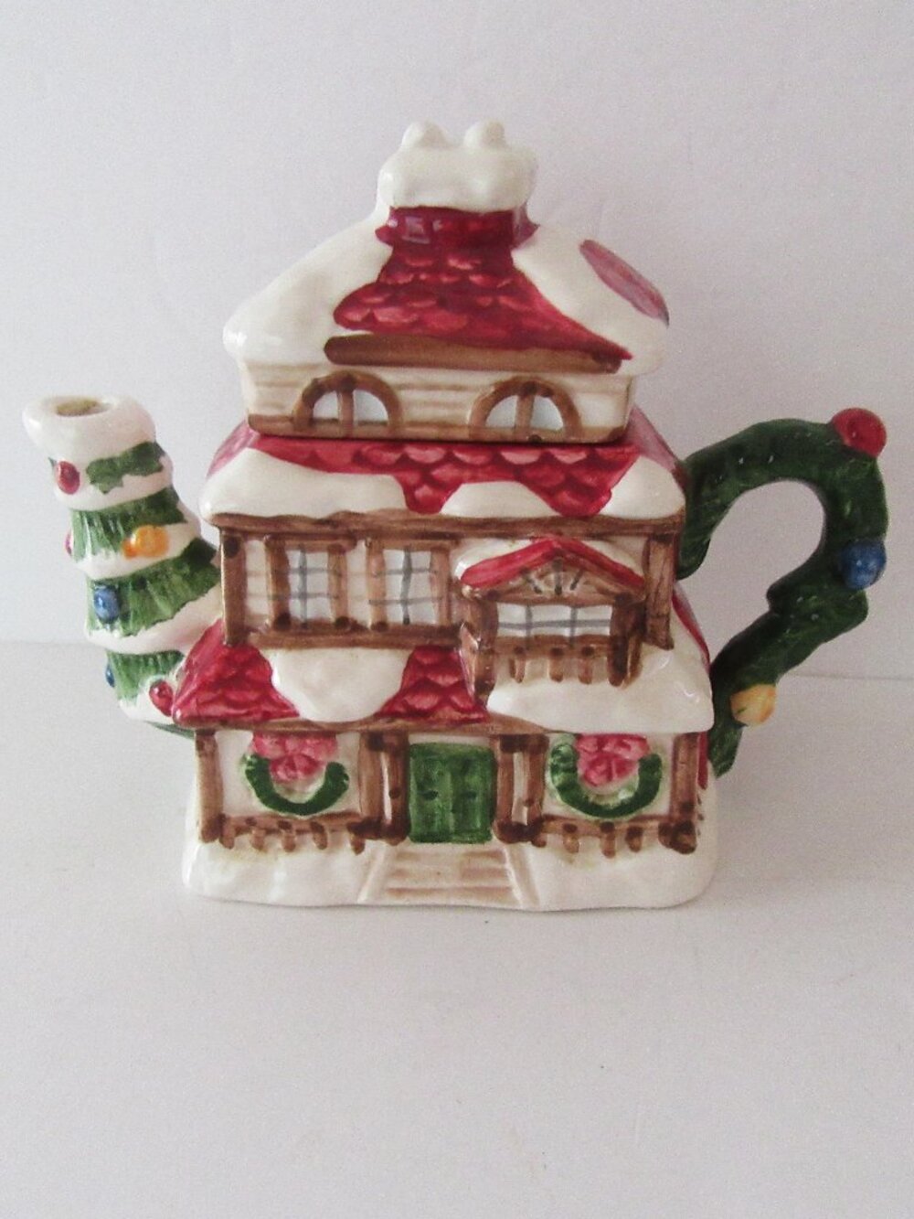 Mini ceramic teapot Christmas house - 4 1/2" tall - collectible teapots